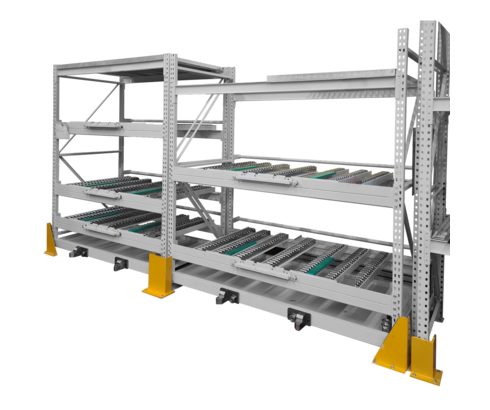 Compartimento de estante con transportadores de rodillos y barra de acoplamiento